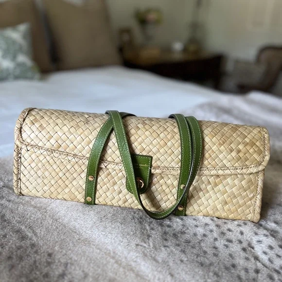 Kate Spade Wicker Wine/Barrel Purse with Green Trim - Picture 7 of 7